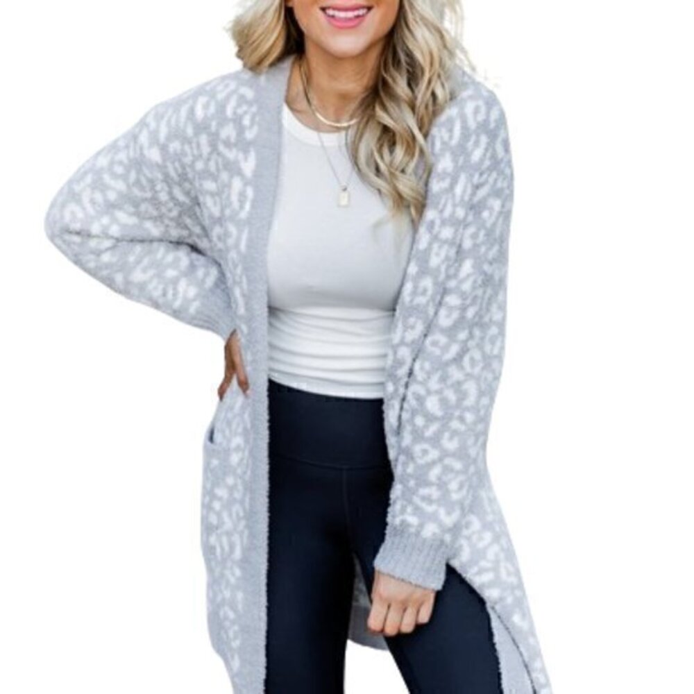[Rachel Zoe] Grey Fuzzy Animal Print Cardigan - Size S